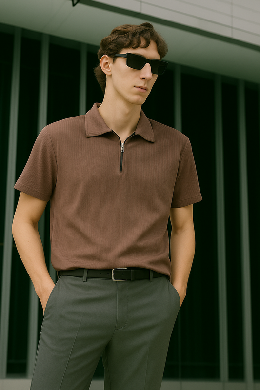 Men’s Ribbed Half-Zip Polo T-Shirt – Summer Smart Casual