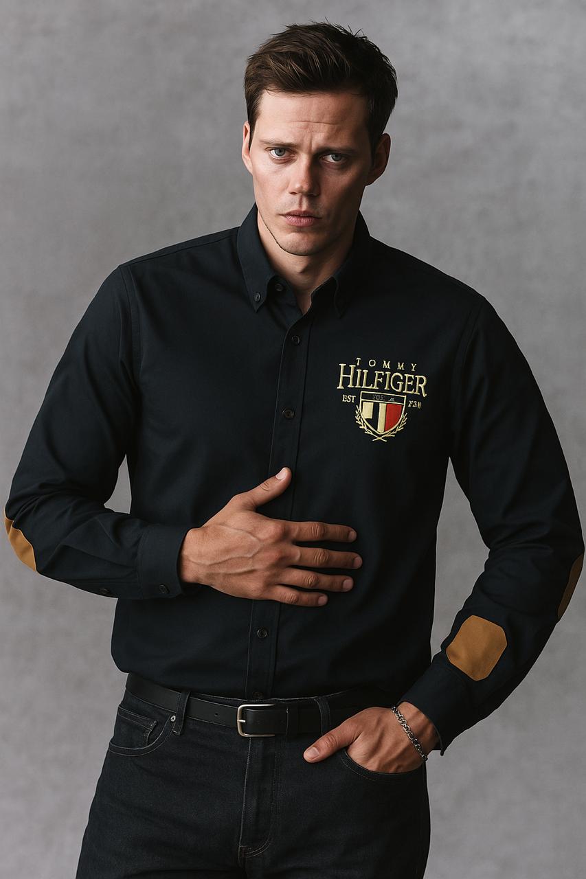 Tommy Hilfiger Men’s White Oxford Shirt – Crest Logo & Suede Elbow Patches
