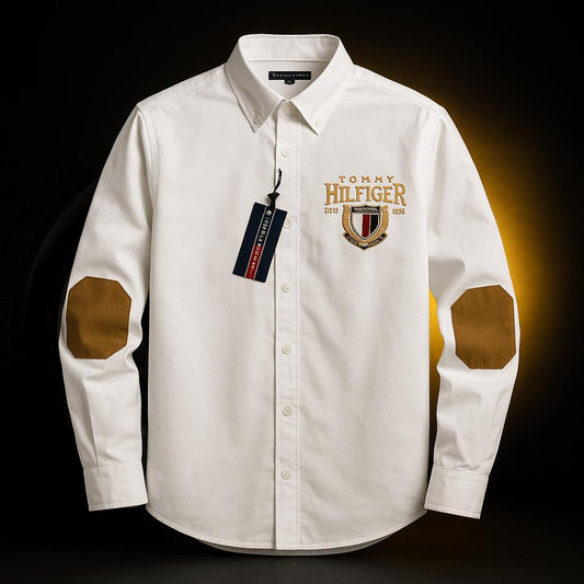 Tommy Hilfiger Men’s White Oxford Shirt – Crest Logo & Suede Elbow Patches