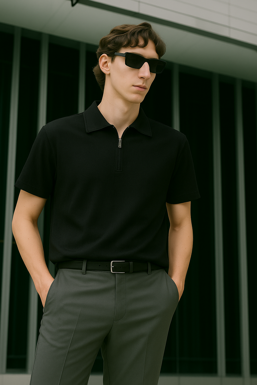 Men’s Ribbed Half-Zip Polo T-Shirt – Summer Smart Casual