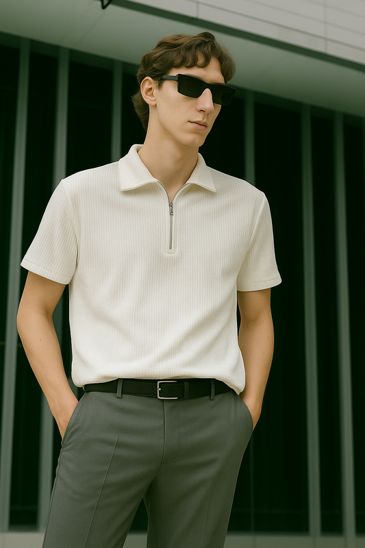 Men’s Ribbed Half-Zip Polo T-Shirt – Summer Smart Casual