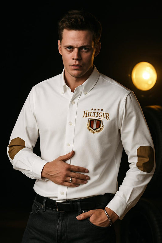 Tommy Hilfiger Men’s White Oxford Shirt – Crest Logo & Suede Elbow Patches